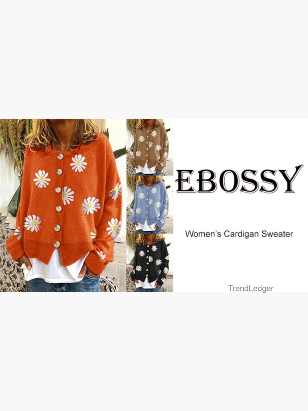 Trendy Daisy Floral Ribbed Knit Cardigan Button Down Loose Crop Sweater Coat - Picture 4 of 4